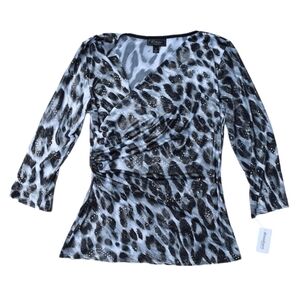 Dress Barn Small Blouse Leopard Print Sequin 3/4 Sleeve Sequins